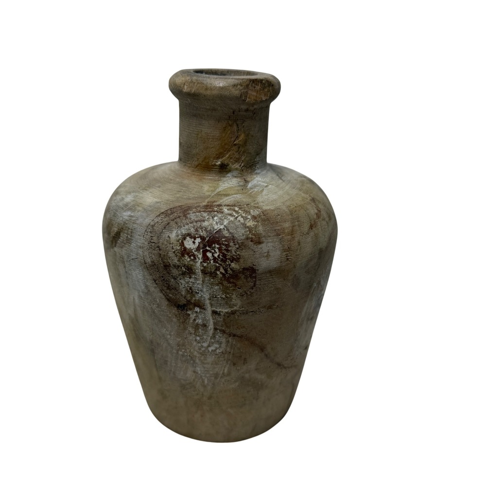 VTG Hand Carved Wood Vessel Rustic Decorative Bottle Vase Natural **SEE READ
